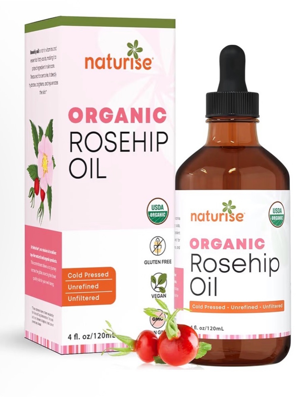Naturise Organic Rosehip Seed Oil for Face, Skin, Hair, Nails, Body (4 fl oz)